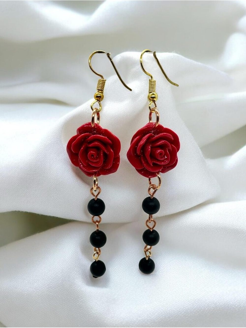 Red Rose Black Beaded Dangle Earrings Handmade Romantic Gothic Jewelry